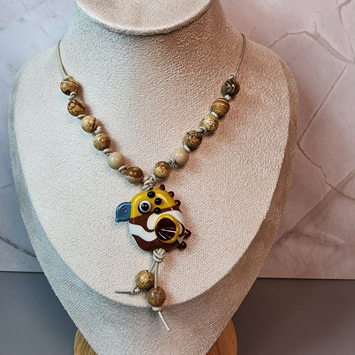 Brown Bird Lampwork And Picture Jasper Necklace