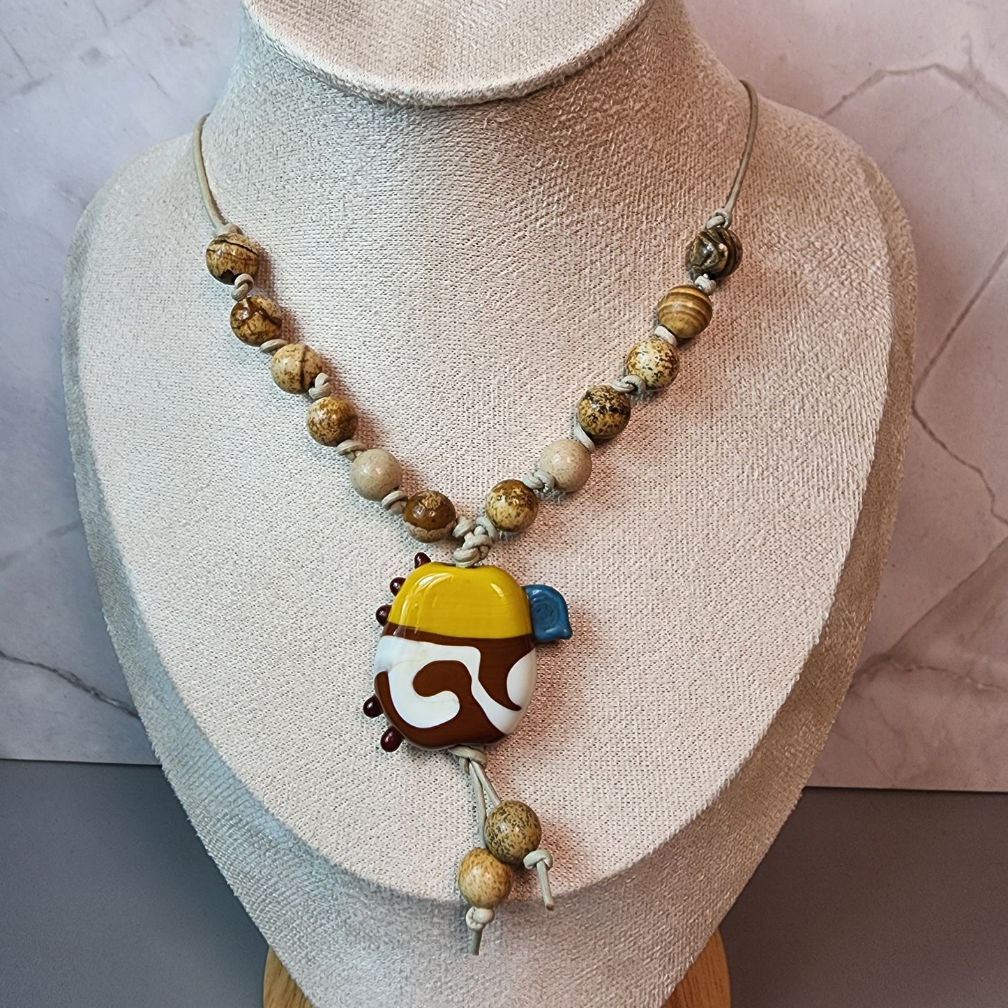 Brown Bird Lampwork And Picture Jasper Necklace
