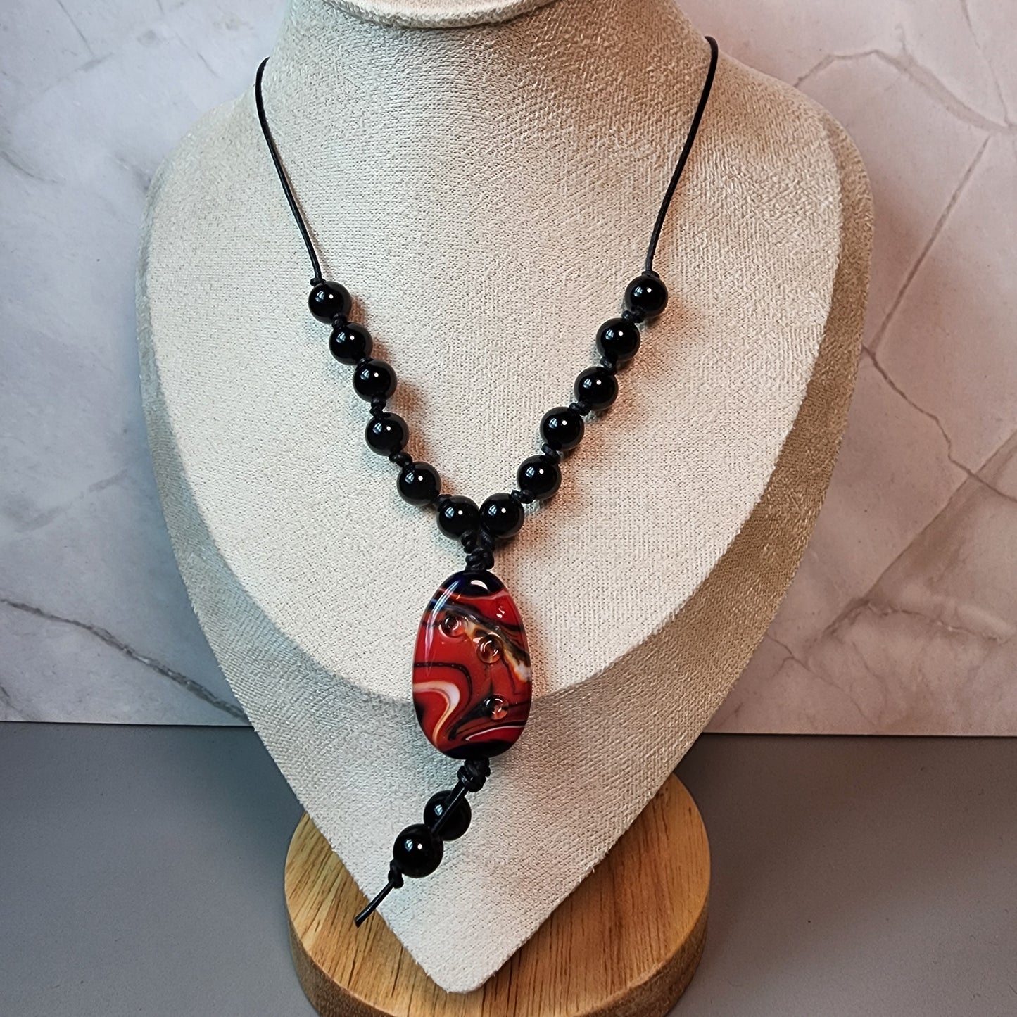 Red Swirl Lampwork Pendant And Black Onyx Necklace