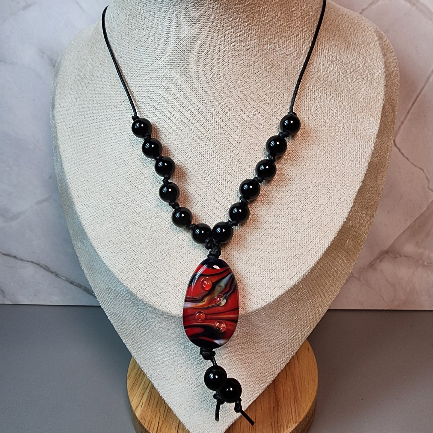Red Swirl Lampwork Pendant And Black Onyx Necklace
