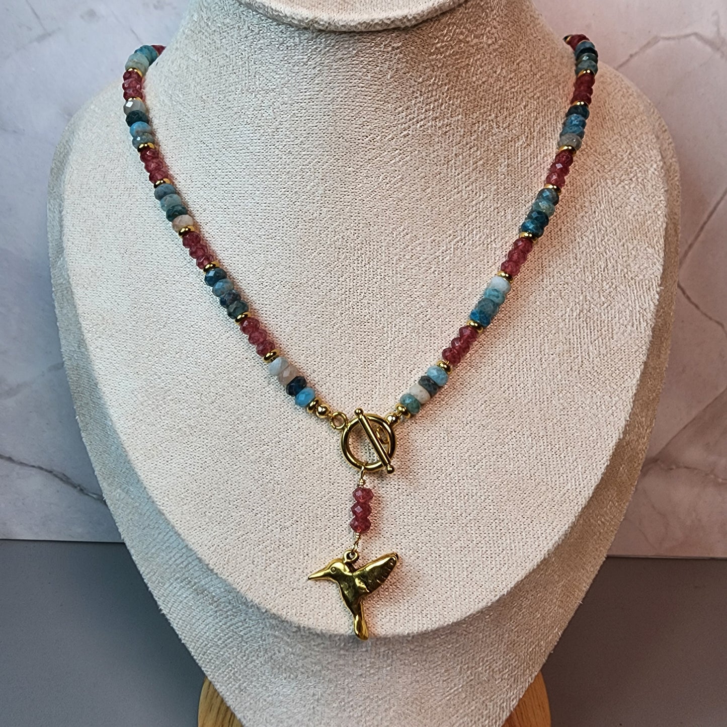Apatite And Strawberry Quartz And Gold Hummingbird Necklace