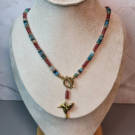 Apatite And Strawberry Quartz And Gold Hummingbird Necklace