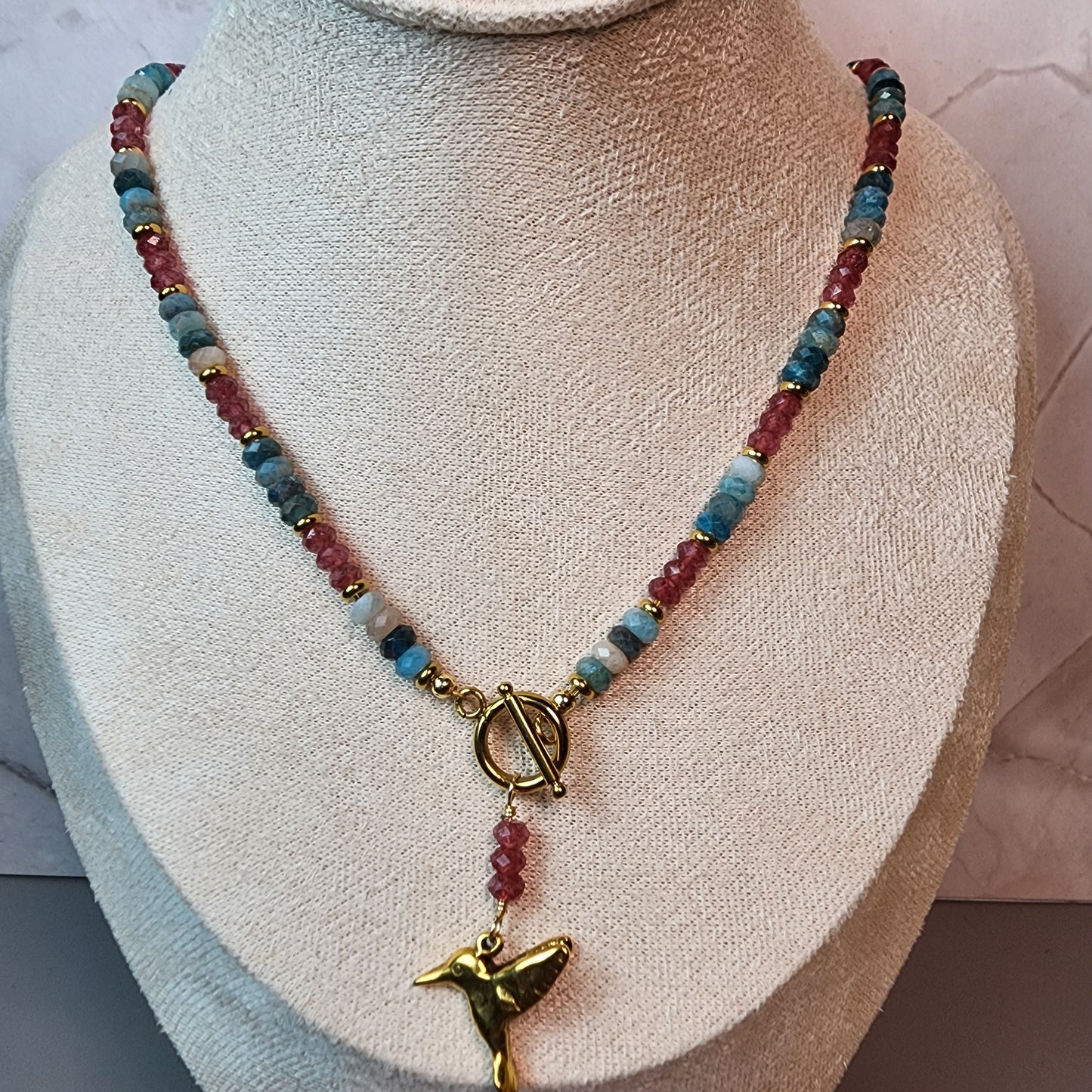 Apatite And Strawberry Quartz And Gold Hummingbird Necklace