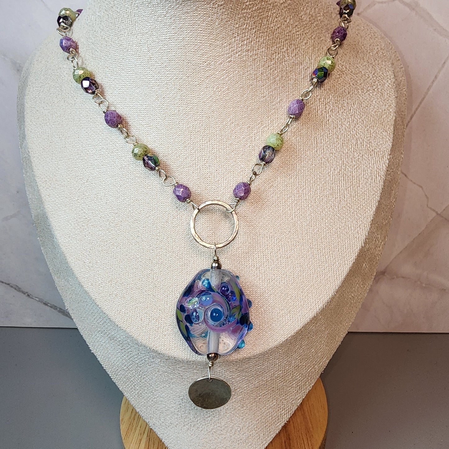Blueberry Swirl Lampwork Pendant and Czech Glass Necklace