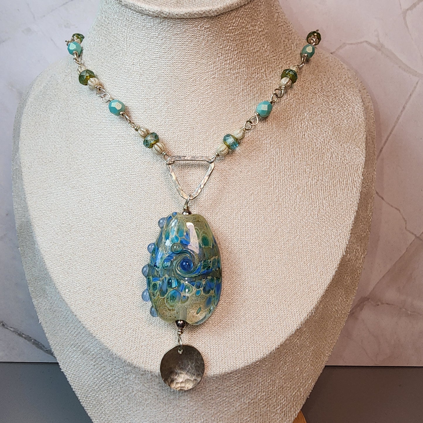 Antique Blue Lampwork Pendant and Czech Glass Sterling Necklace
