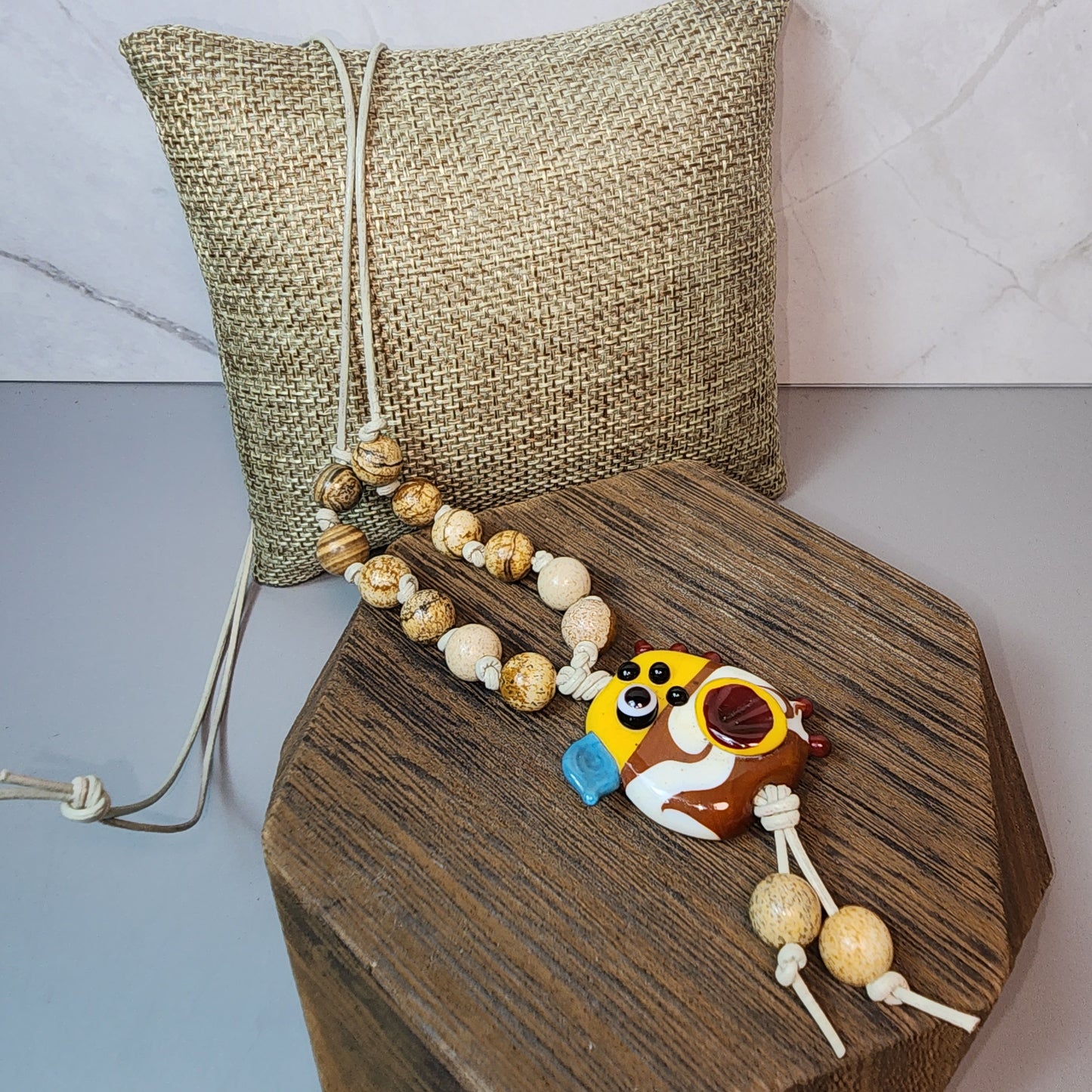 Brown Bird Lampwork And Picture Jasper Necklace