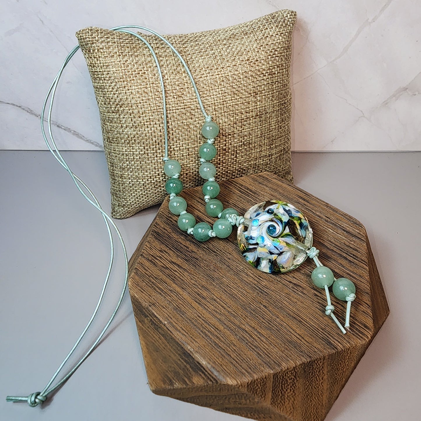 Green Path Lampwork Pendant and Green Aventurine Necklace