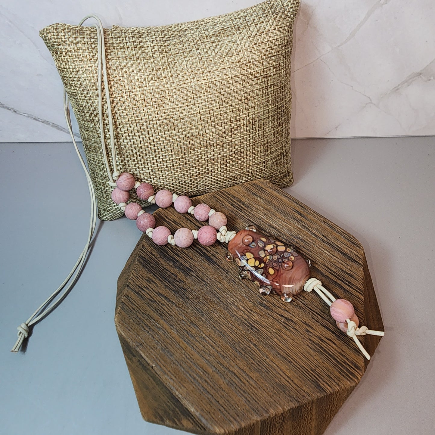Antique Rose Lampwork Pendant And Rhodonite Necklace