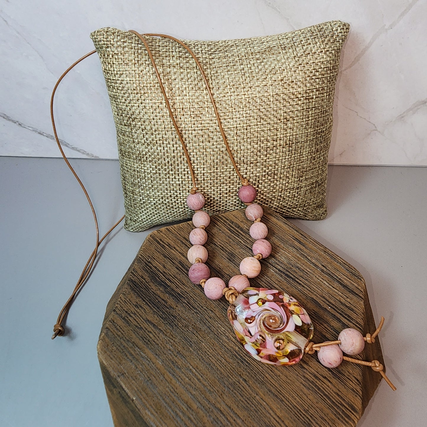 Rose Blend Lampwork Pendant With Rhodonite Necklace