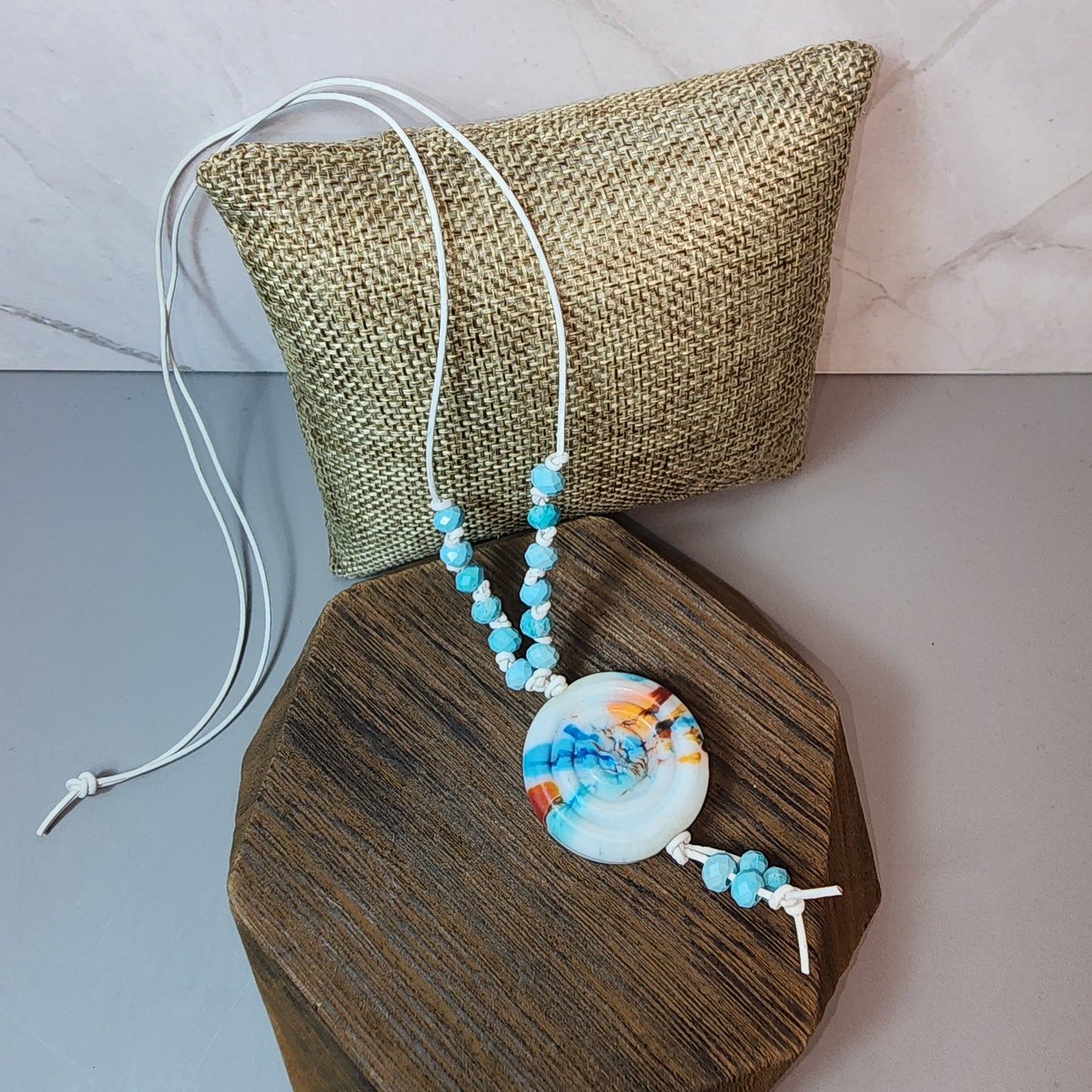 Blue Swirl Lampwork Pendant And Magnesite Necklace