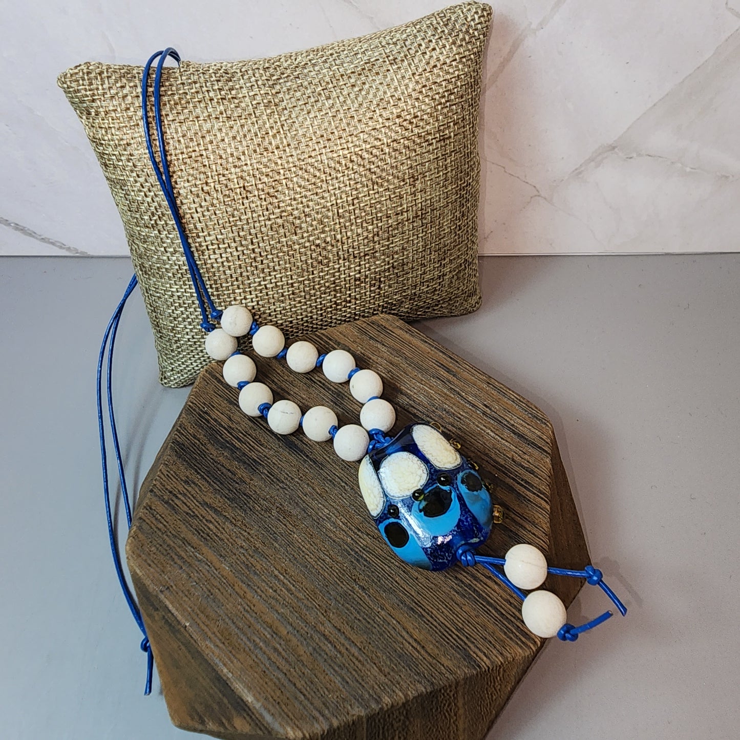 Organic Blue Lampwork Pendant And Fossil Coral Necklace