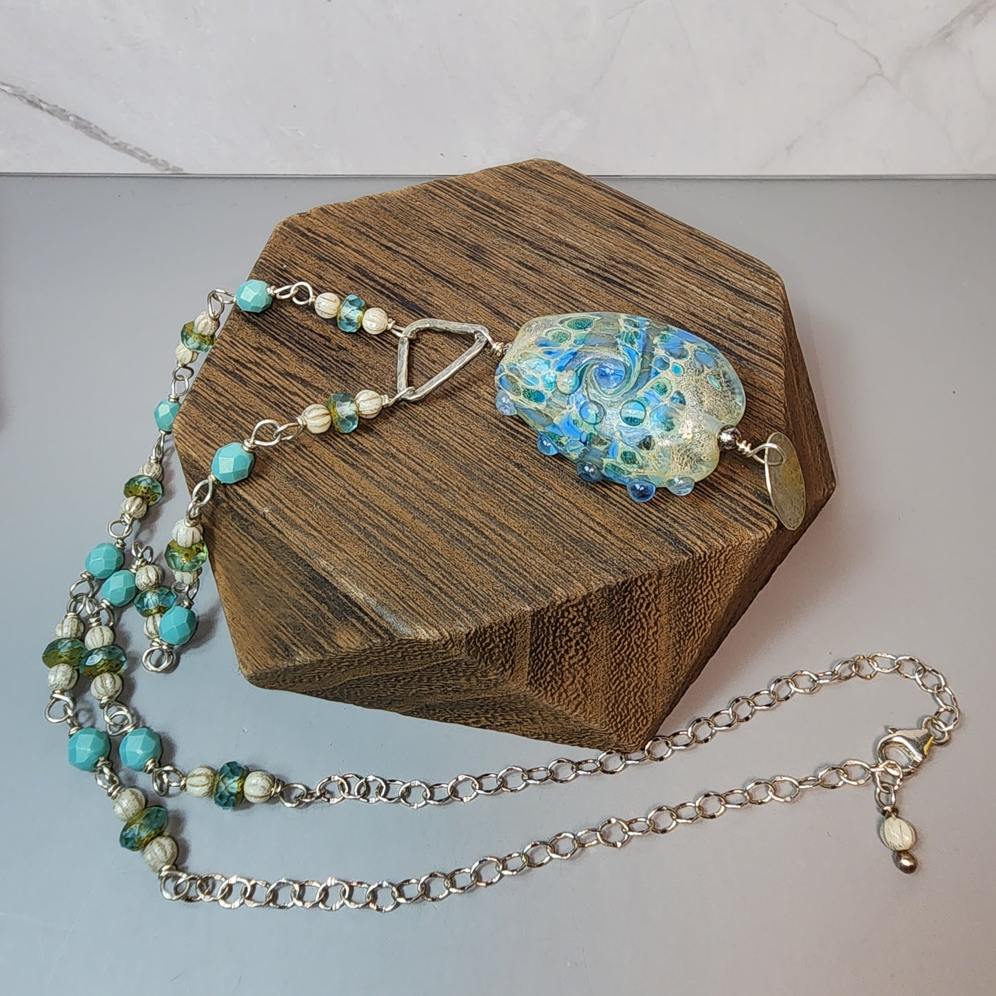 Antique Blue Lampwork Pendant and Czech Glass Sterling Necklace