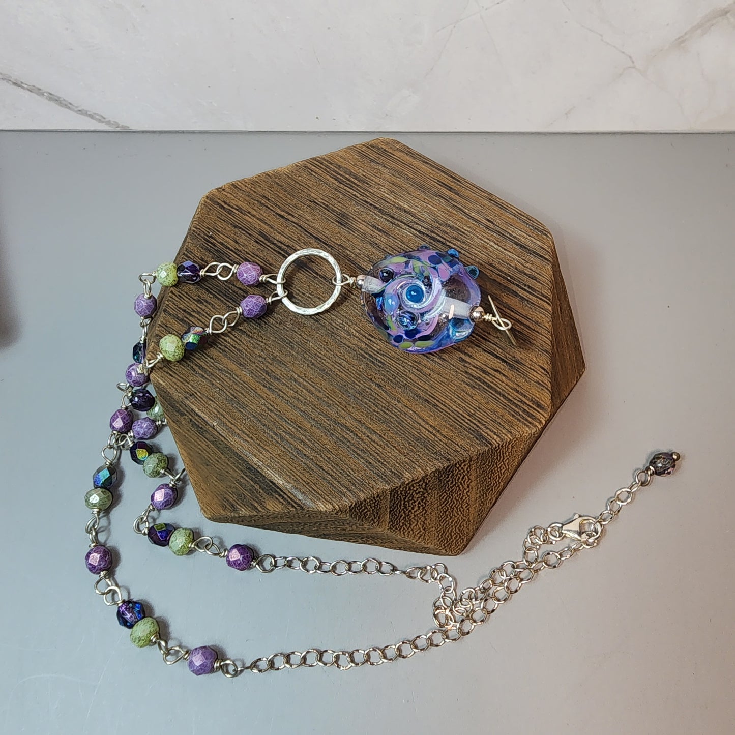 Blueberry Swirl Lampwork Pendant and Czech Glass Necklace