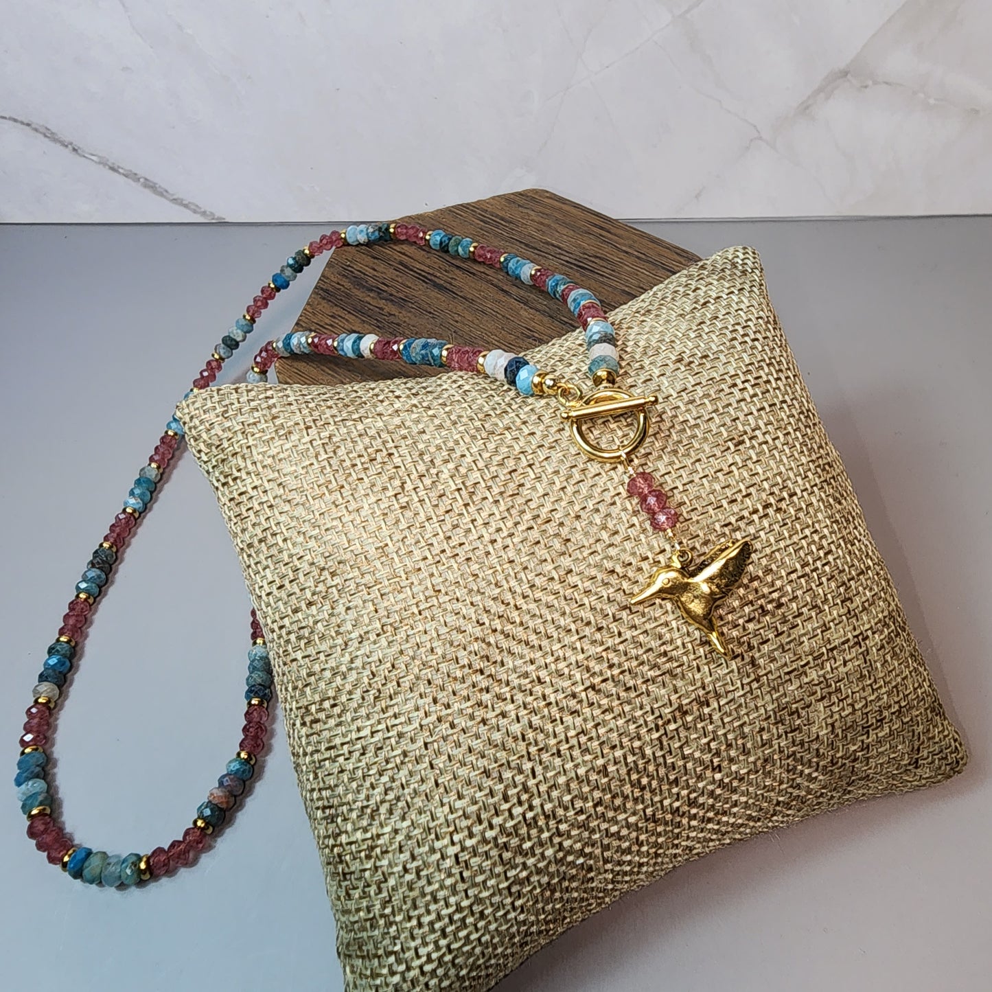 Apatite And Strawberry Quartz And Gold Hummingbird Necklace