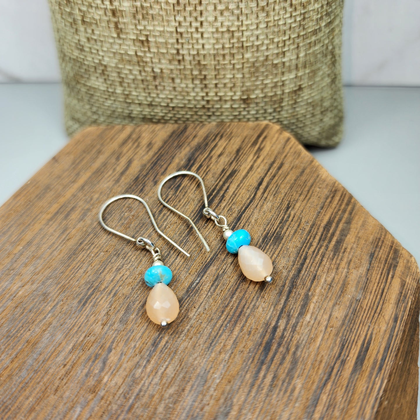 Peach Moonstone and Turquoise Sterling Silver Drop Earrings
