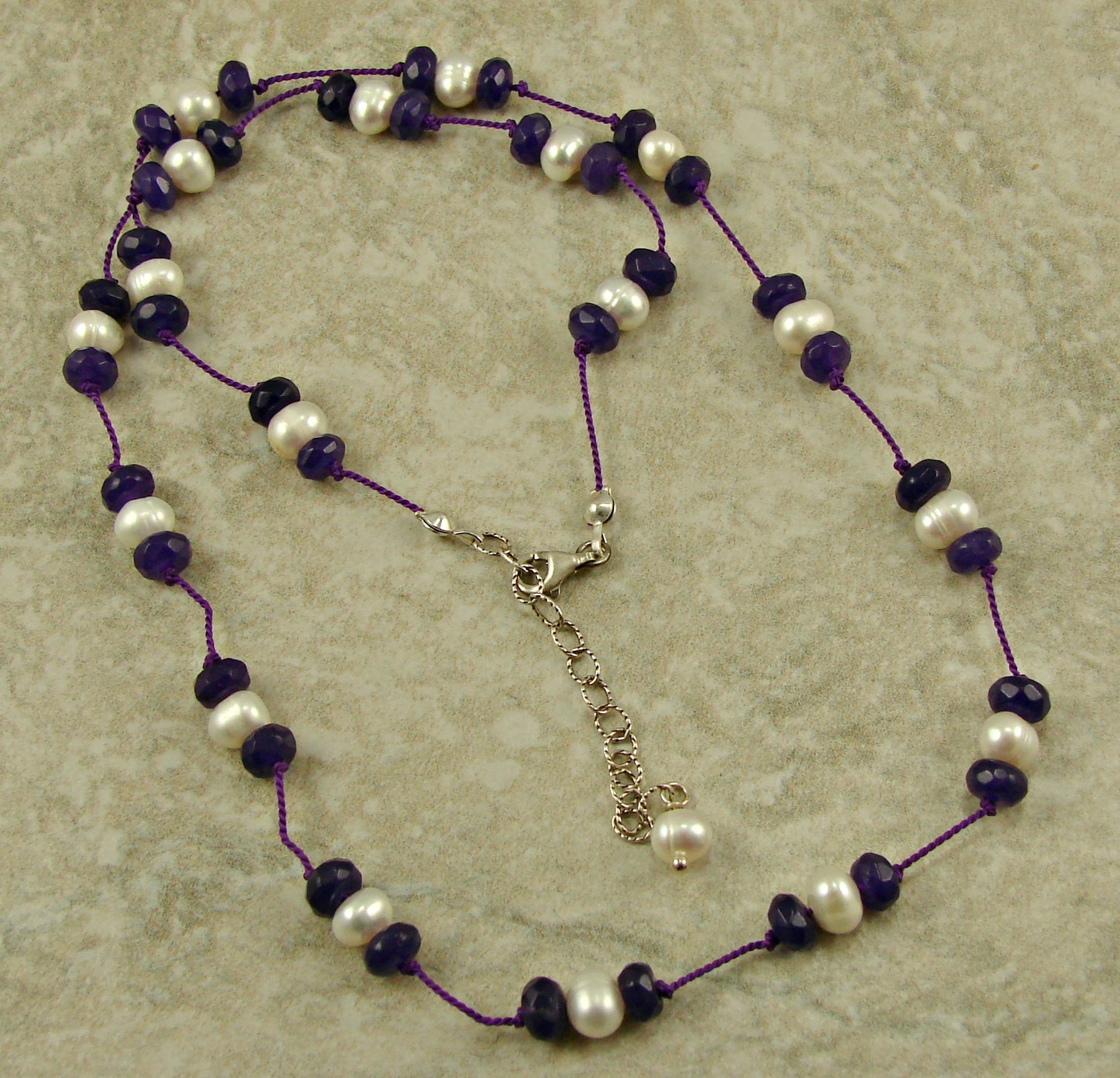 White Pearl and Purple Jade With Purple Silk Cord Knotted Necklace