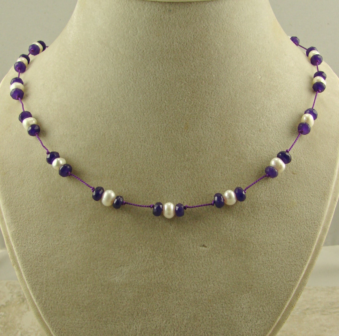 White Pearl and Purple Jade With Purple Silk Cord Knotted Necklace