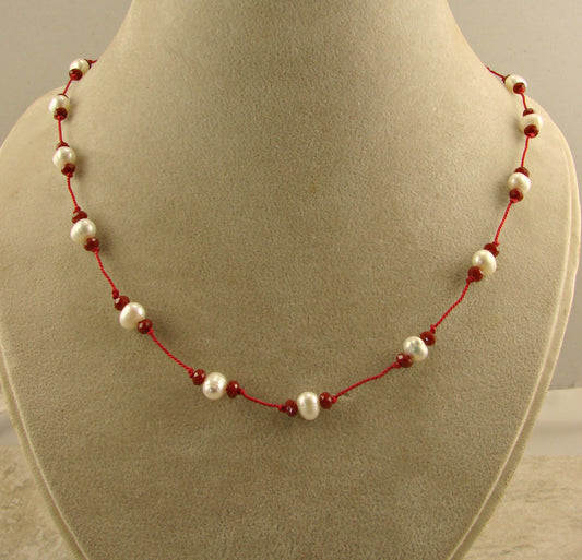White Pearl and Red Crystal With Red Silk Cord Knotted Necklace