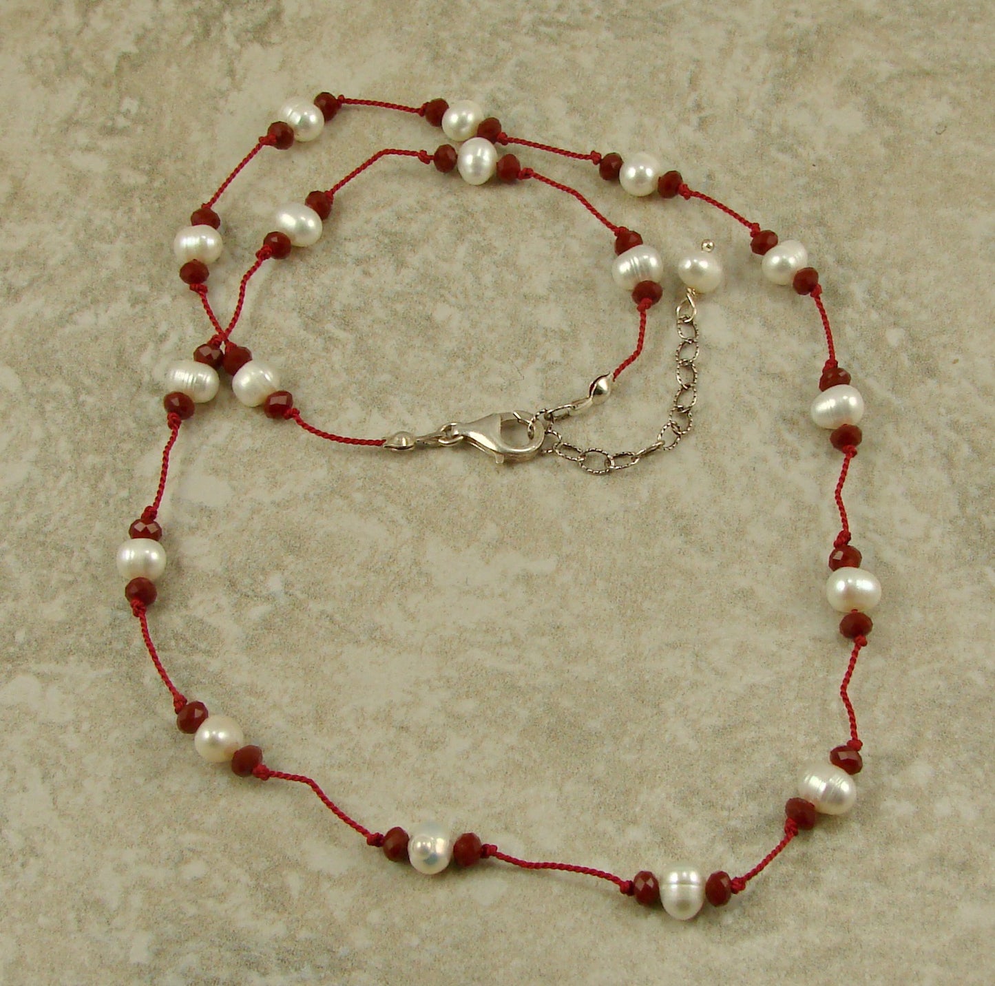 White Pearl and Red Crystal With Red Silk Cord Knotted Necklace