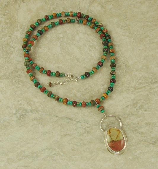 Turquoise And Cherry Creek Jasper Necklace With Cherry Creek Jasper Pendant