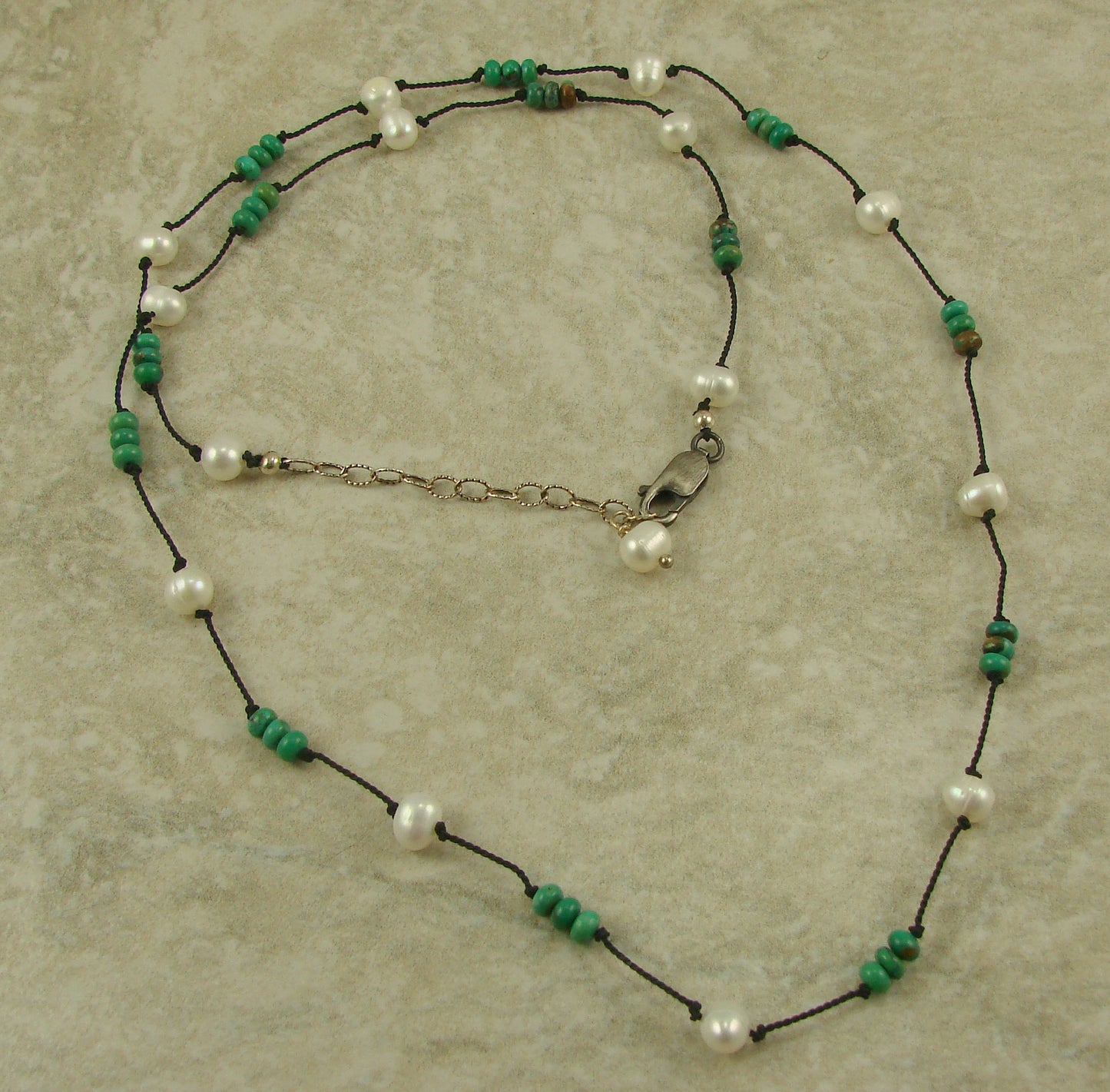 Turquoise and White Pearl Hand Knotted Necklace