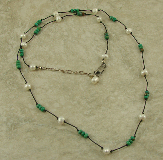 Turquoise and White Pearl Hand Knotted Necklace