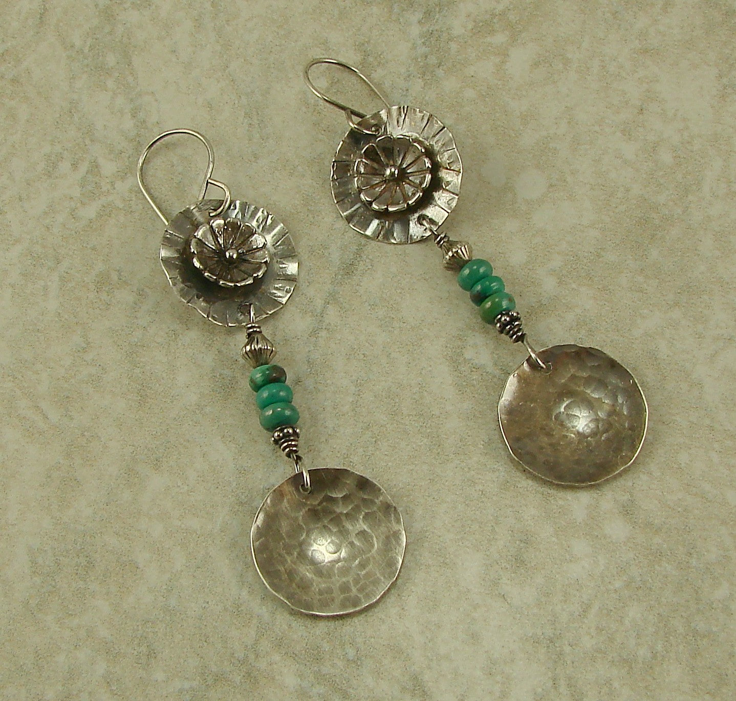 Turquoise Sterling Silver Wavy Flower Disc Earrings